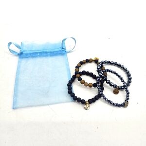Erimish Blue And Brown Metallic Stackable Beaded Bracelet Set Of 4